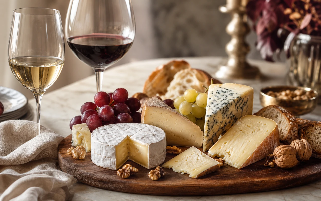 Plateau de fromages varié avec verres de vin blanc pour réussir les accords vins et fromages