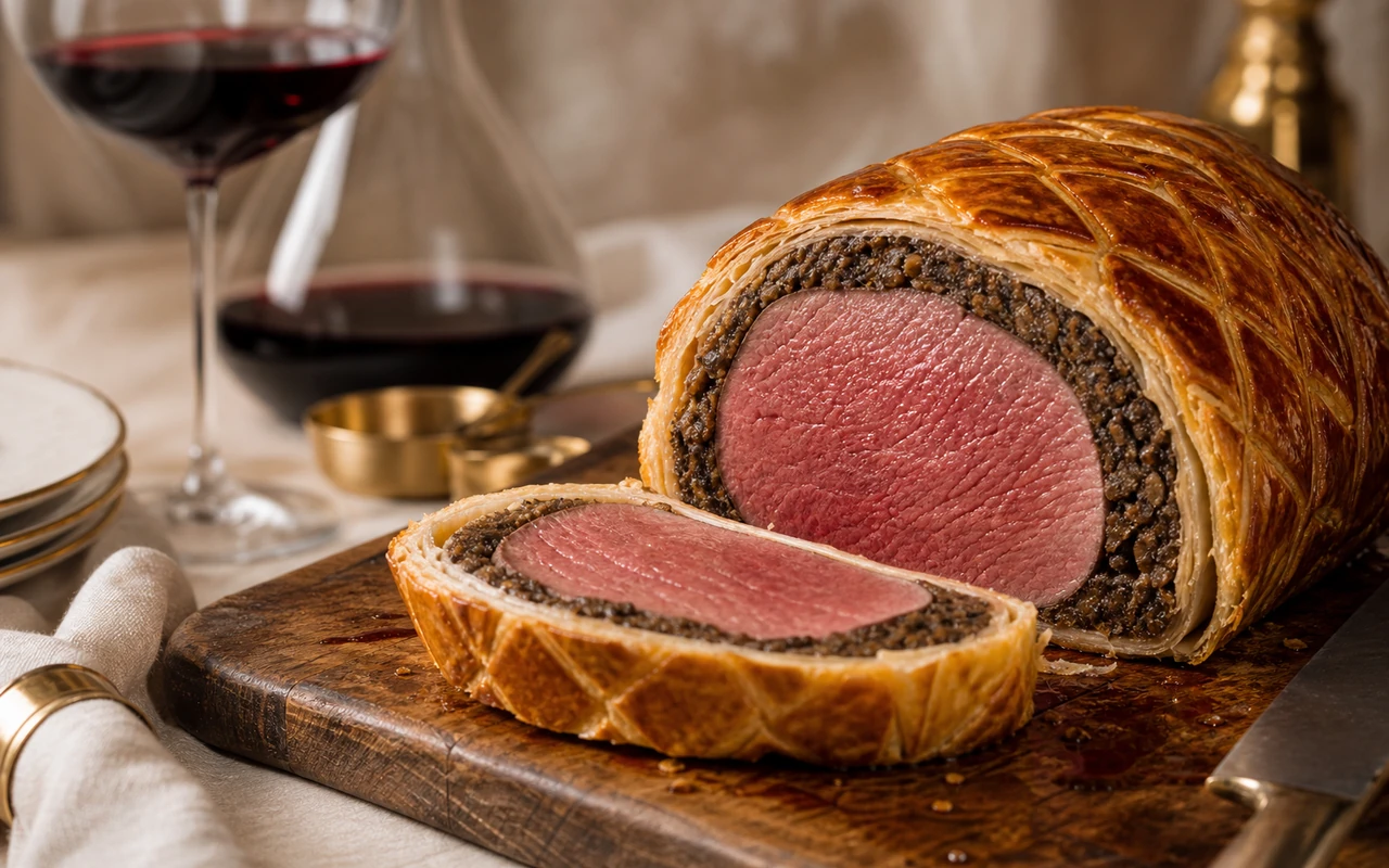 Bœuf Wellington en croûte feuilletée tranché révélant la duxelles et le cœur de bœuf rosé