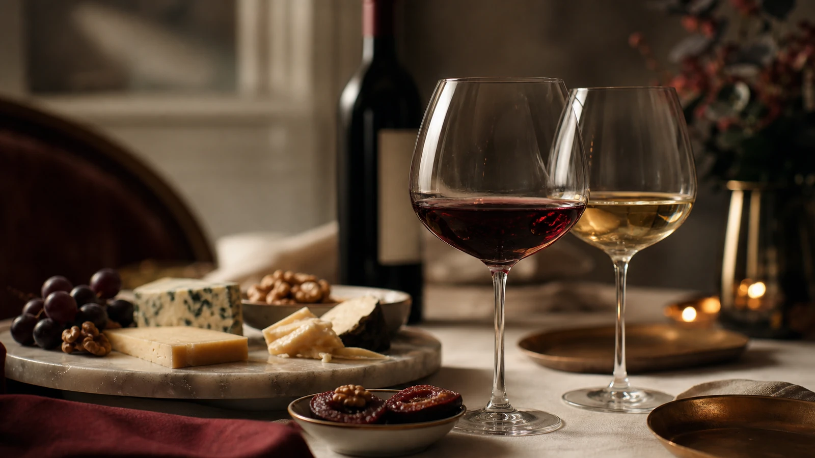 Accords mets et vins, verres de vin et plats gastronomiques