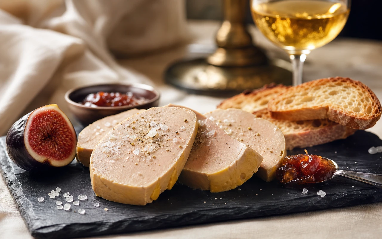 Foie gras mi-cuit au torchon tranché en médaillons dorés parsemés de fleur de sel, servi avec du pain de campagne toasté