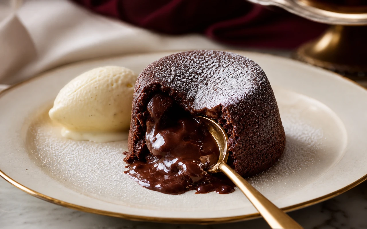 Fondant au chocolat au cœur coulant ouvert à la cuillère laissant s'échapper le centre fondu