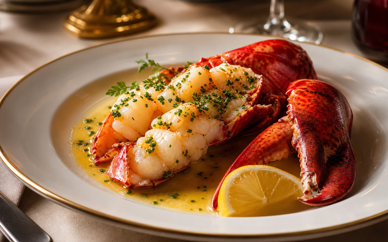 Homard rôti au beurre monté à l'estragon dressé dans une assiette gastronomique