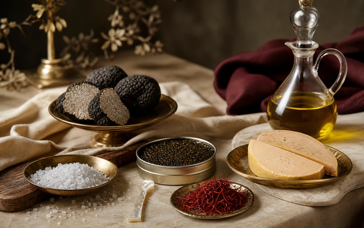 Assortiment de produits d'exception en gastronomie, truffe, caviar, foie gras et safran