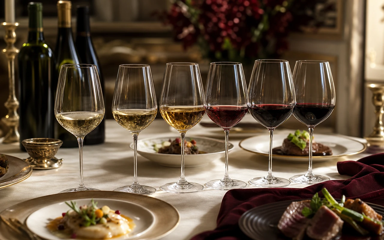 Alignement de verres de vin pour un repas gastronomique, des bulles au vin liquoreux