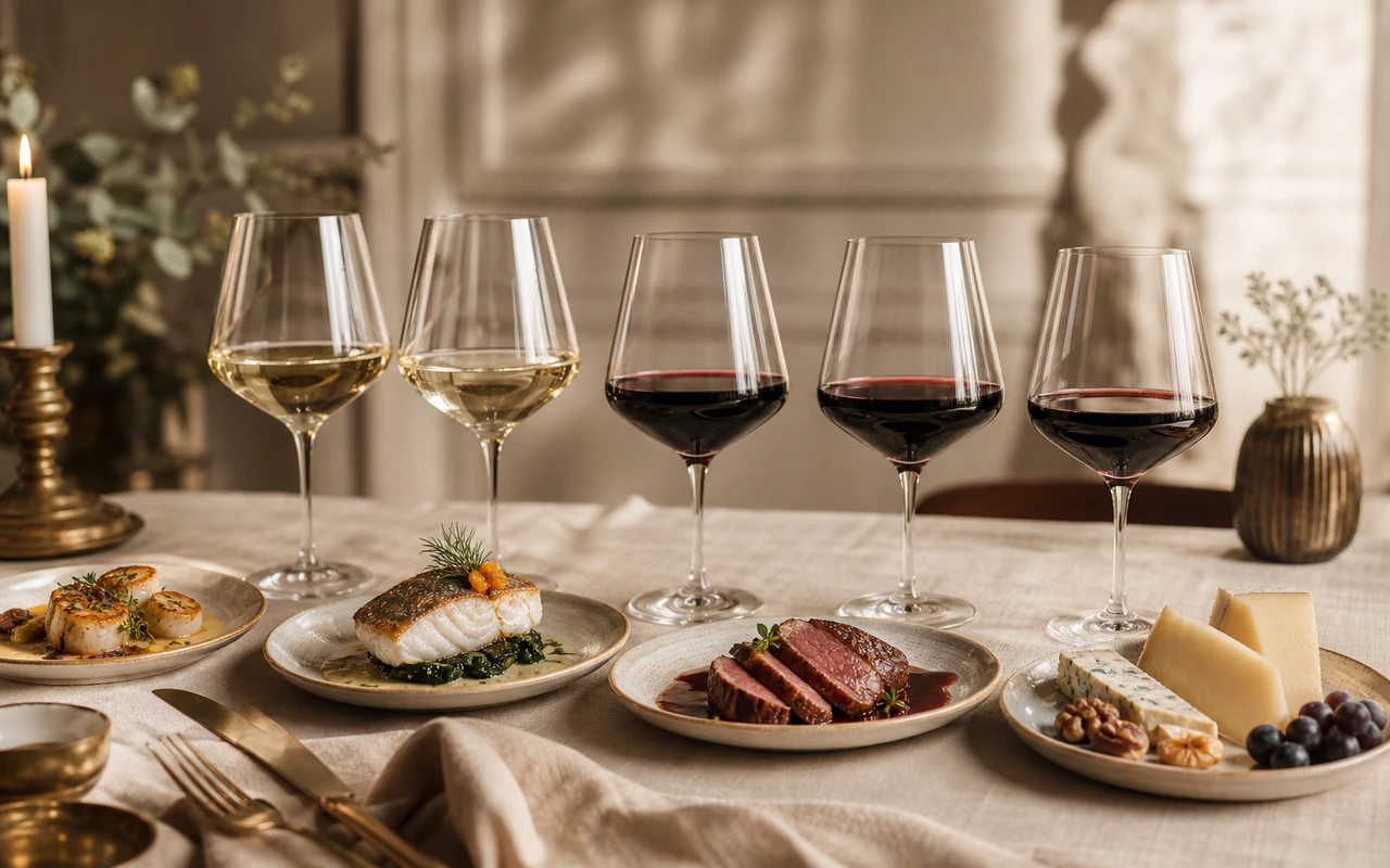 Table dressée pour un accord mets et vins avec verres de blanc et de rouge et assiette gastronomique