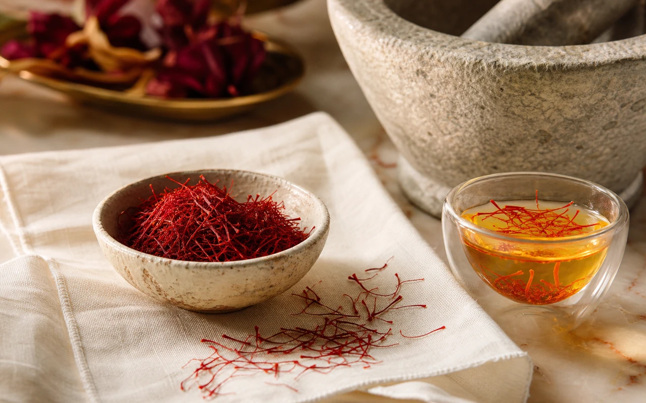 Filaments de safran rouge et fleurs de Crocus sativus mauves sur un plan de travail