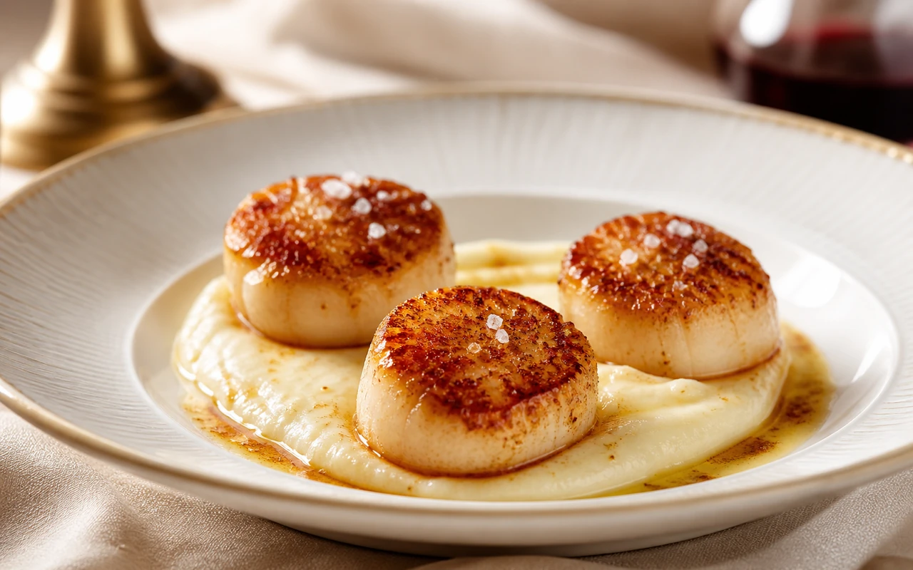Noix de Saint-Jacques snackées à la poêle dorée, nappées de beurre noisette et parsemées de fleur de sel