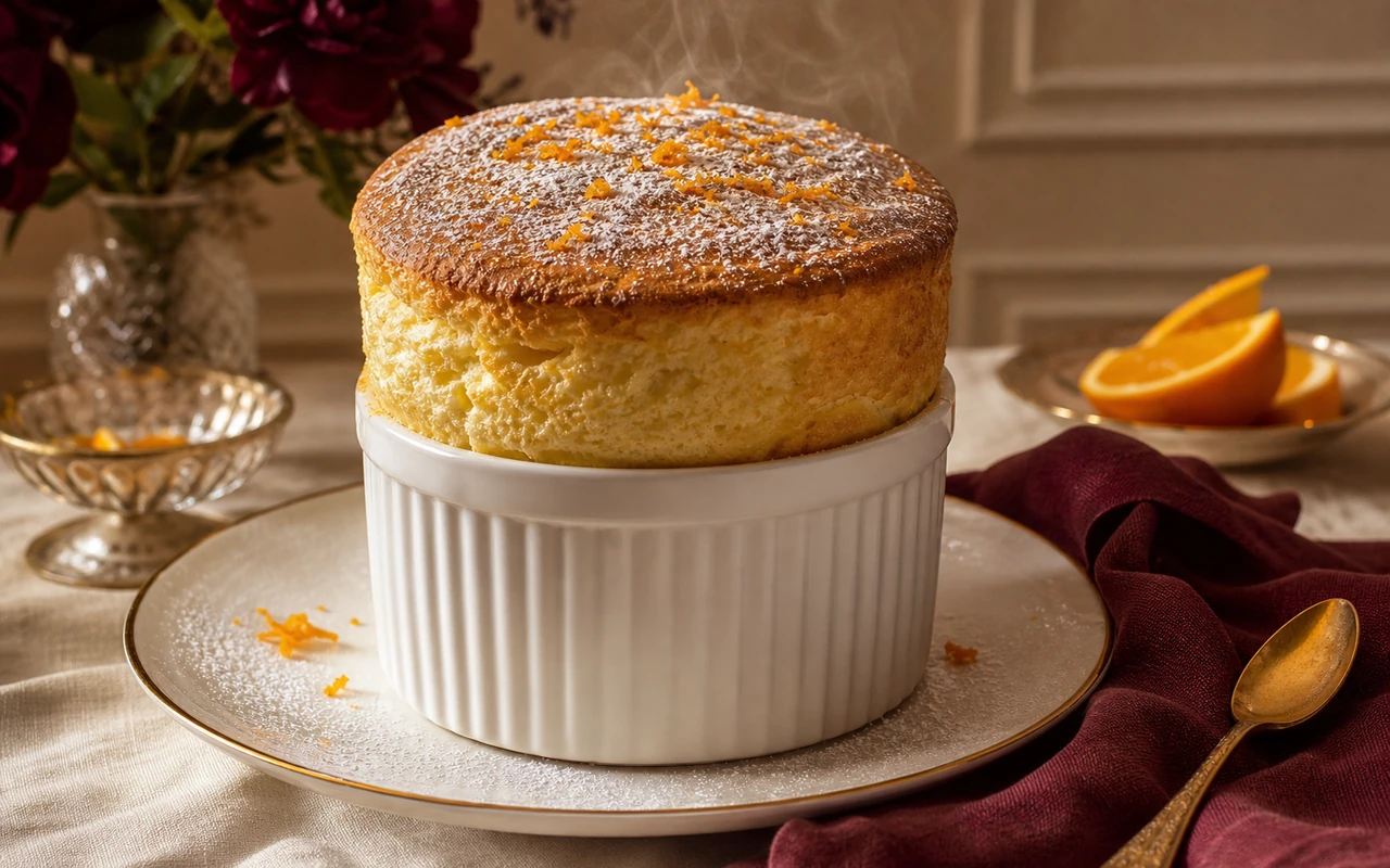 Soufflé au Grand Marnier gonflé et doré dépassant de son ramequin chemisé de sucre, saupoudré de sucre glace
