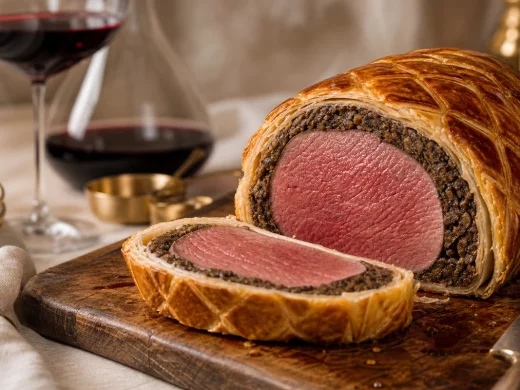 Bœuf Wellington en croûte feuilletée tranché révélant la duxelles et le cœur de bœuf rosé