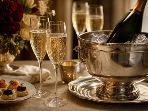 Verre de champagne servi à table lors d'un repas gastronomique