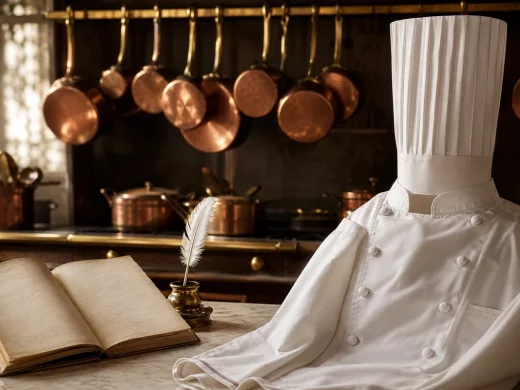 Portrait évoquant Auguste Escoffier, père de la cuisine moderne, dans une cuisine de grande maison