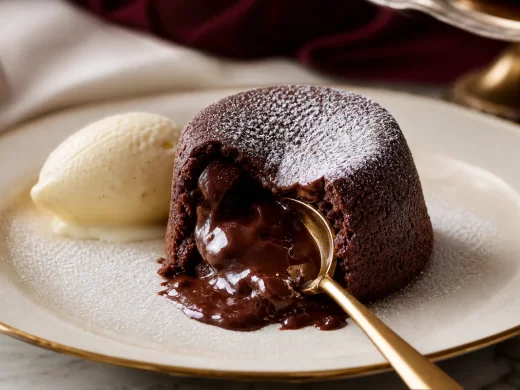 Fondant au chocolat au cœur coulant ouvert à la cuillère laissant s'échapper le centre fondu