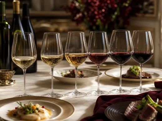 Alignement de verres de vin pour un repas gastronomique, des bulles au vin liquoreux