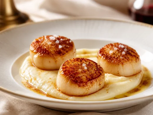 Noix de Saint-Jacques snackées à la poêle dorée, nappées de beurre noisette et parsemées de fleur de sel