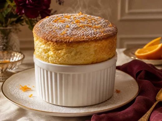 Soufflé au Grand Marnier gonflé et doré dépassant de son ramequin chemisé de sucre, saupoudré de sucre glace