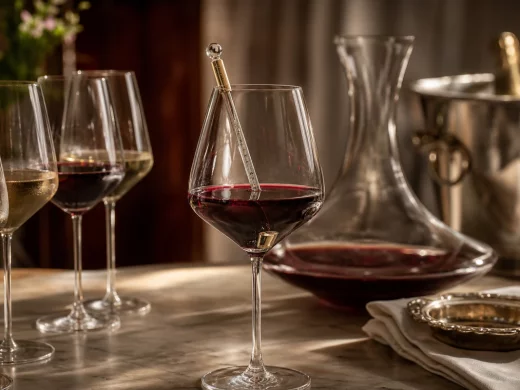 Bouteille de vin dans un seau à glace avec thermomètre indiquant la température de service idéale