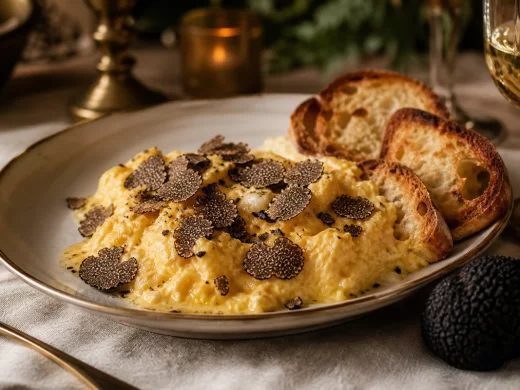 Œufs brouillés crémeux à la truffe noire servis dans leur coquille, généreusement recouverts de lamelles de truffe fraîche