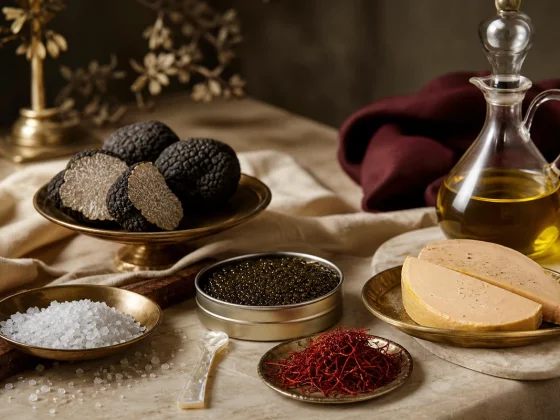 Assortiment de produits d'exception en gastronomie, truffe, caviar, foie gras et safran